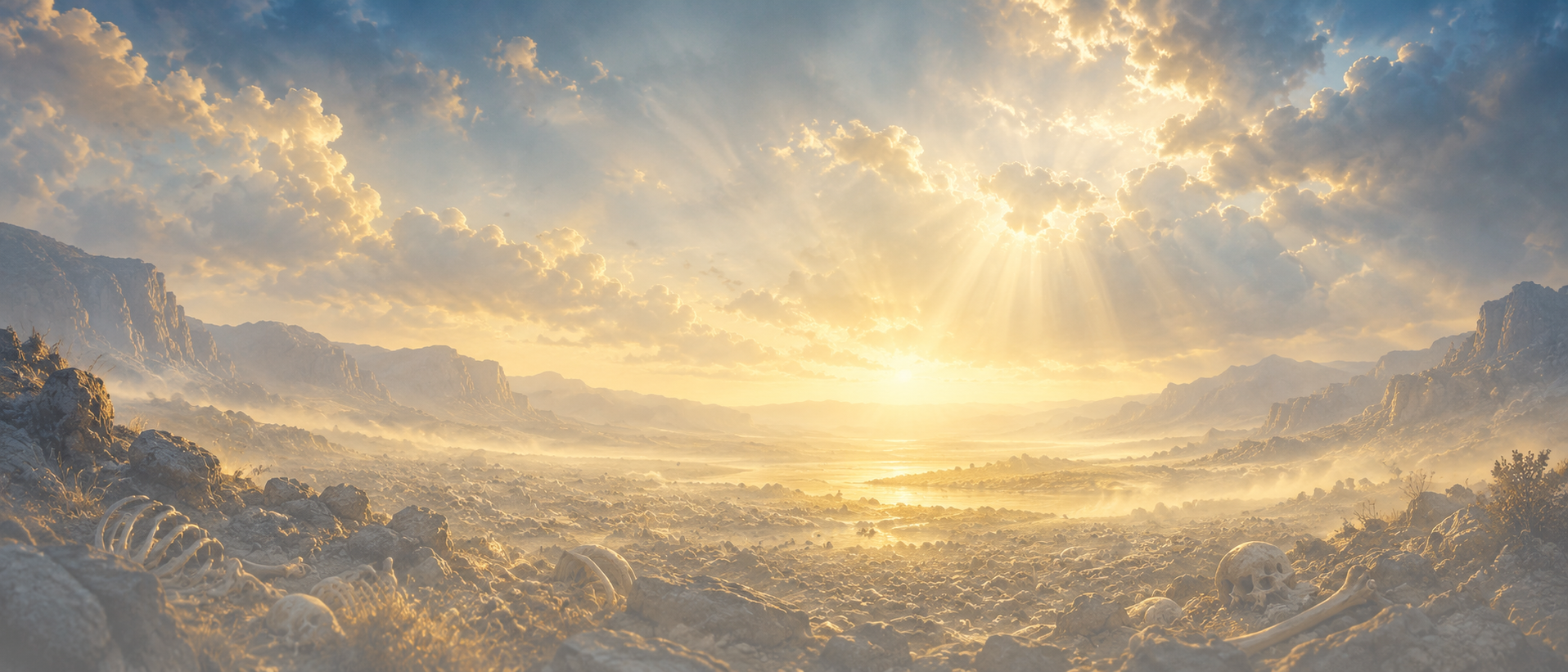 Valley of dry bones bathed in golden prophetic light